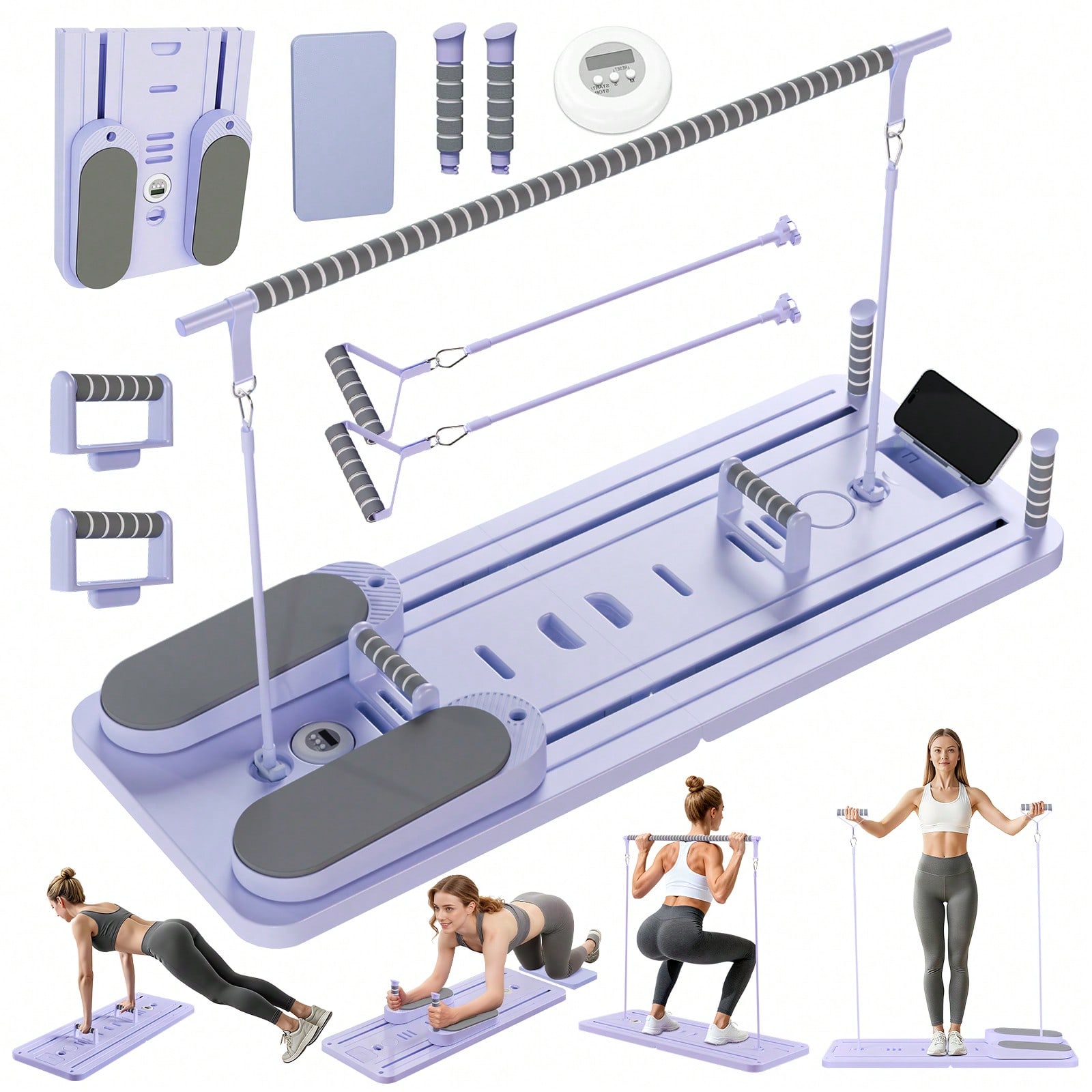 Pilates & Yoga Tina Fehrenbach - เครื่องพิลาทิส รีฟอร์มเมอร์พร้อมบาร์, บอร์ดพิลาทิสพร้อมที่วางโทรศัพท์, เครื่องพิลาทิส รีฟอร์มเมอร์อเนกประสงค์แบบพับได้, เครื่องฝึกกล้ามเนื้อแกนกลางและหน้าท้อง,