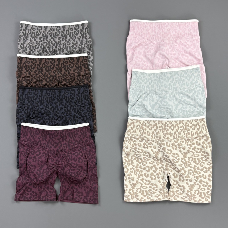 Pilates Yoga Leggings - กางเกงขาสั้นออกกำลังกาย HISTELLO ลายเสือดาวสำหรับผู้หญิง กางเกงโยคะไร้ตะเข็บ กางเกงรัดรูปยกกระชับสะโพก กางเกงรัดรูปสำหรับวิ่ง